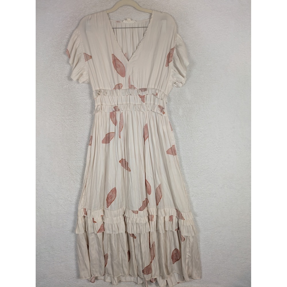 Grade & Gather Midi Dress Women's Small Cream Ruffle Tiered Abstract Leaf Print